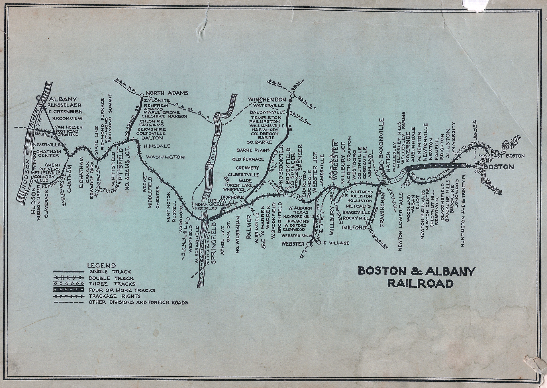 Boston and Albany railroad system map shows lines and stations running west to east across Massachusetts.
