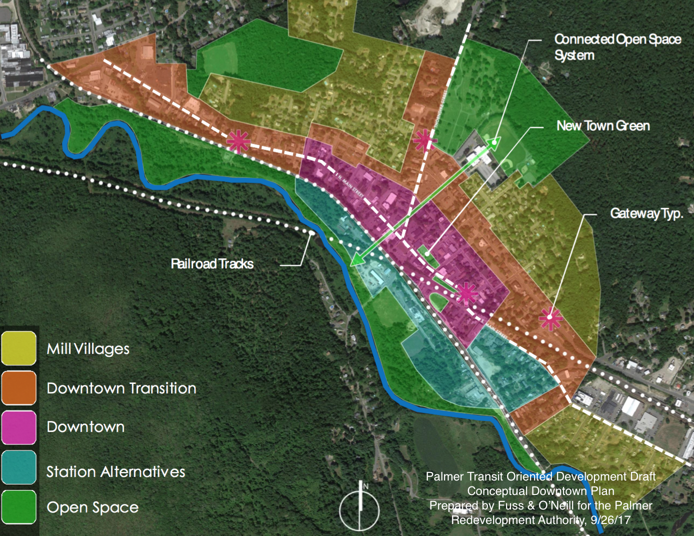 Color-coded PowerPoint slideshow graphic shows potential station location area, and suggested land use of the surrounding area, including downtown business district, downtown transition area, mill villages residential neighborhoods, and open space.