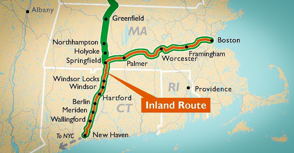 Map graphic of Massachusetts and southern New England showing proposed passenger rail stops on the Inland Route and Knowledge Corridor rail lines between Boston, New Haven, and Greenfield. Map indicates connection to NYC from New Haven, but does not picture Vermont or Montreal to the north.