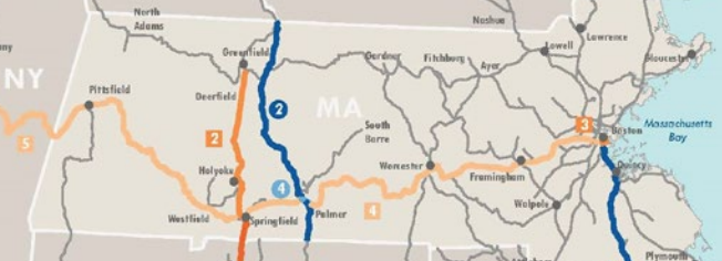 Map of Massachusetts showing rail line projects east-west across the state, and north-south in the Pioneer Valley.