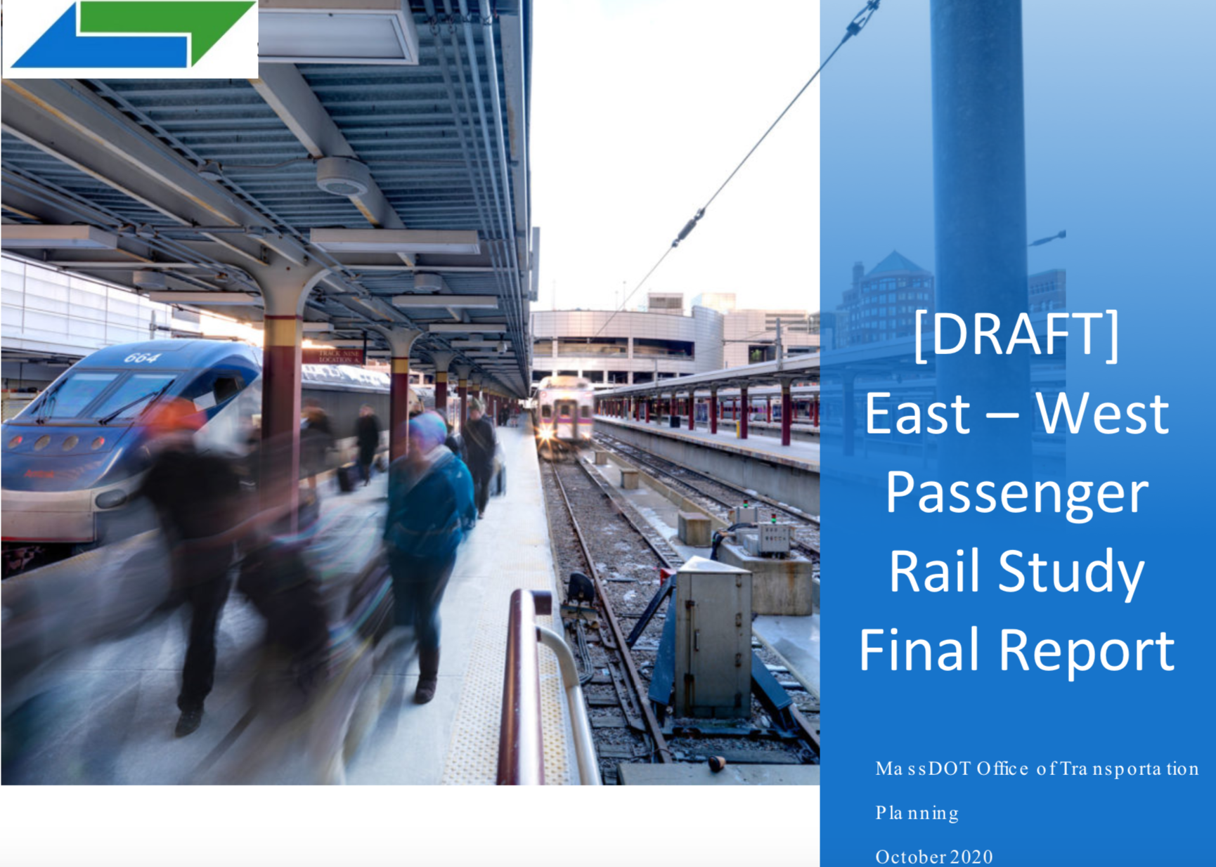 Cover page of [DRAFT] East-West Passenger Rail Study Final Report, MassDOT Office of Transportation Planning, October 2020.