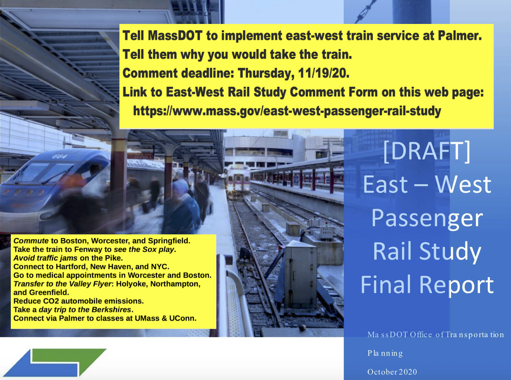 Cover page of DRAFT East-West Passenger Rail Study Final Report annotated with info about submitting public comments before the 11/19/20 deadline.