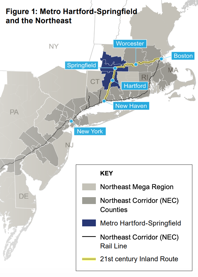 Figure 1: Metro Hartford-Springfield and the Northeast, showing the Inland Route rail line between New Haven-Hartford-Springfield-Worcester-Boston.