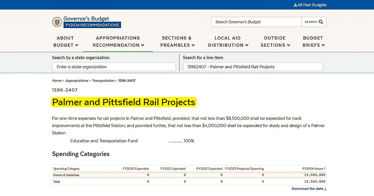 Governor's Budget FY2024, line item 1596-2407, Palmer and Pittsfield Rail Projects, $12.5 million recommendation specifying "that not less than $4,000,000 shall be expended for study and design of a Palmer Station." [Image courtesy of Trains in the Valley]