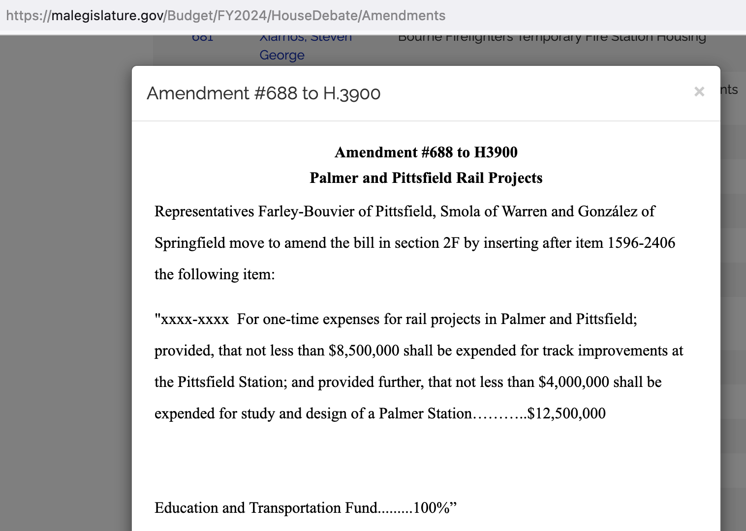 Text of Amendment #688 to H3900, Palmer and Pittsfield Rail Projects.