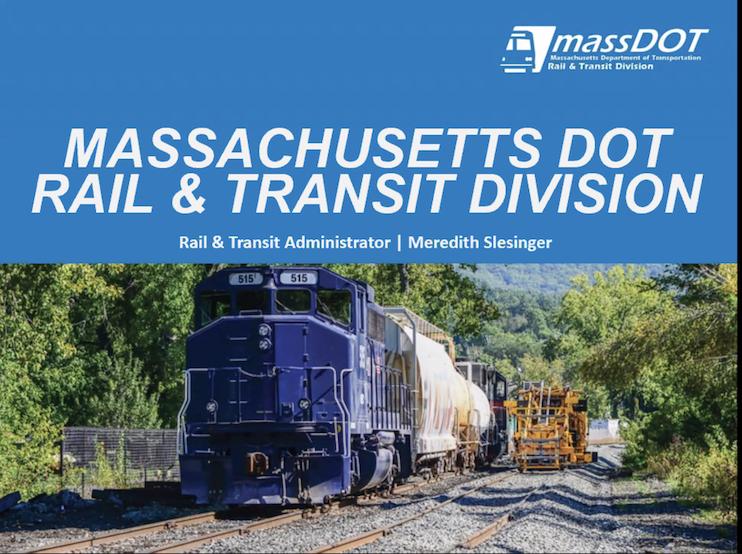 Opening slide, presentation by Meredith Slesinger, Rail & Transit Administrator for MassDOT, at the final public hearings of the Western Massachusetts Passenger Rail Commission, held in Worcester and Natick on May 16, 2023.