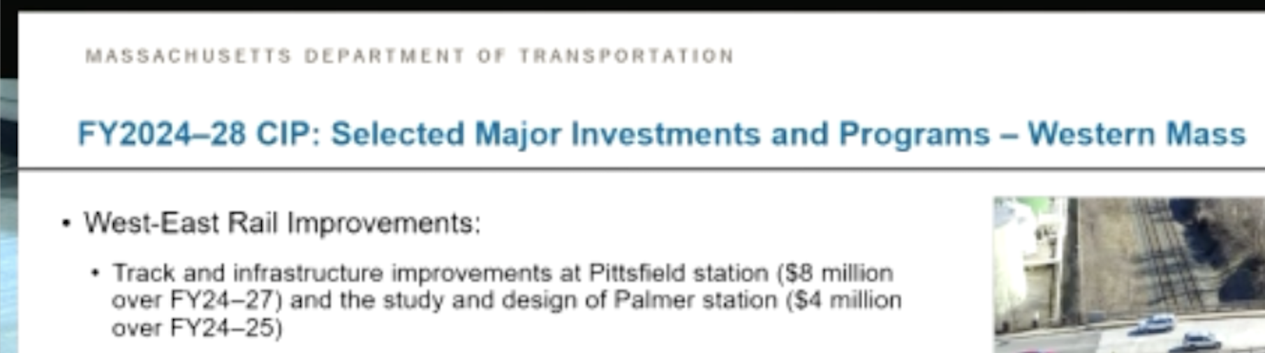 Detail from MassDOT slide "FY2024-28 CIP: Selected Major Investments and Programs -- Western Mass," listing "West-East Rail Improvements: Track and infrastructure improvements at Pittsfield station ($8 million over FY24-27) and the study and design of Palmer station ($4 million over FY24-25)." From presentation by David Mohler, MassDOT Office of Transportation Planning, at Board of Directors meeting on 7/19/23.