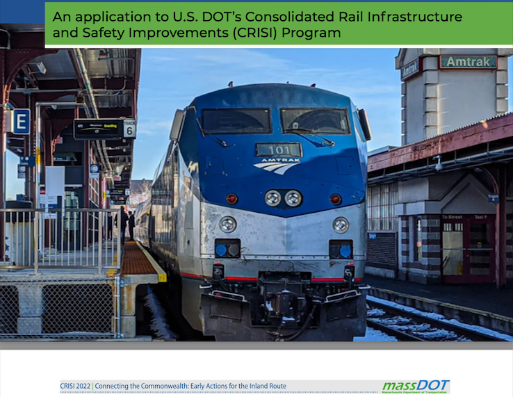 Detail from cover page of MassDOT's Connecting the Commonwealth: Early Actions for the Inland Route, a CRISI 2022 application for funding from U.S. DOT's Consolidated Rail Infrastructure and Safety Improvements (CRISI) Program.