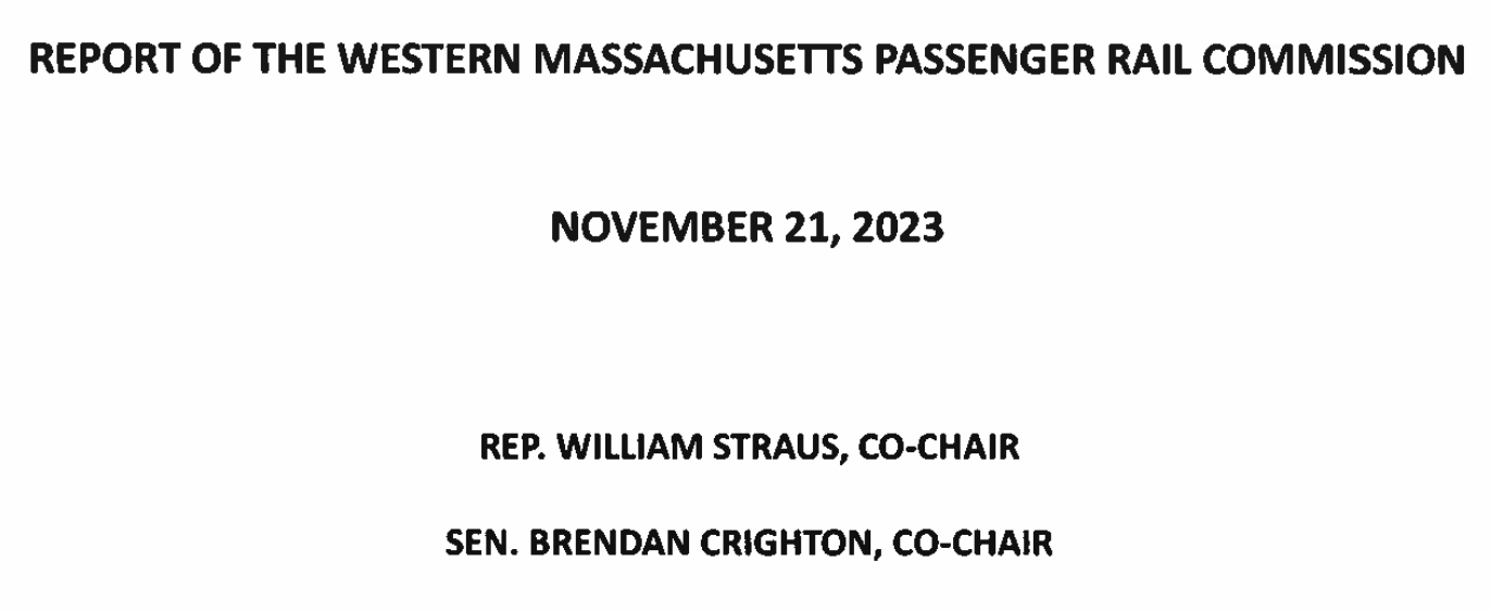 Title page of Report of the Western Massachusetts Passenger Rail Commission, 11/21/23.
