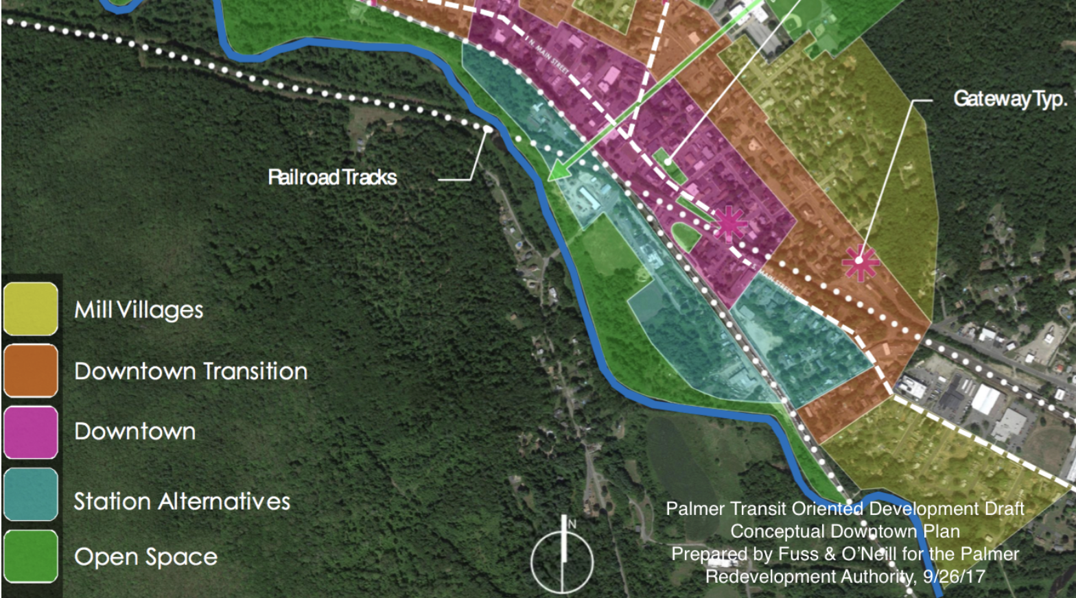 Slide showing aerial view of Palmer Depot Village surrounding intersection of east-west and north-south tracks. Colors indicate location of Mill Villages, Downtown Transition, Downtown, Station Alternatives, and Open Space. Detail from slide in Palmer Transit Oriented Development Draft Conceptual Downtown Plan slideshow. Prepared by Fuss & O'Neill for the Palmer Redevelopment Authority, 9/26/17.